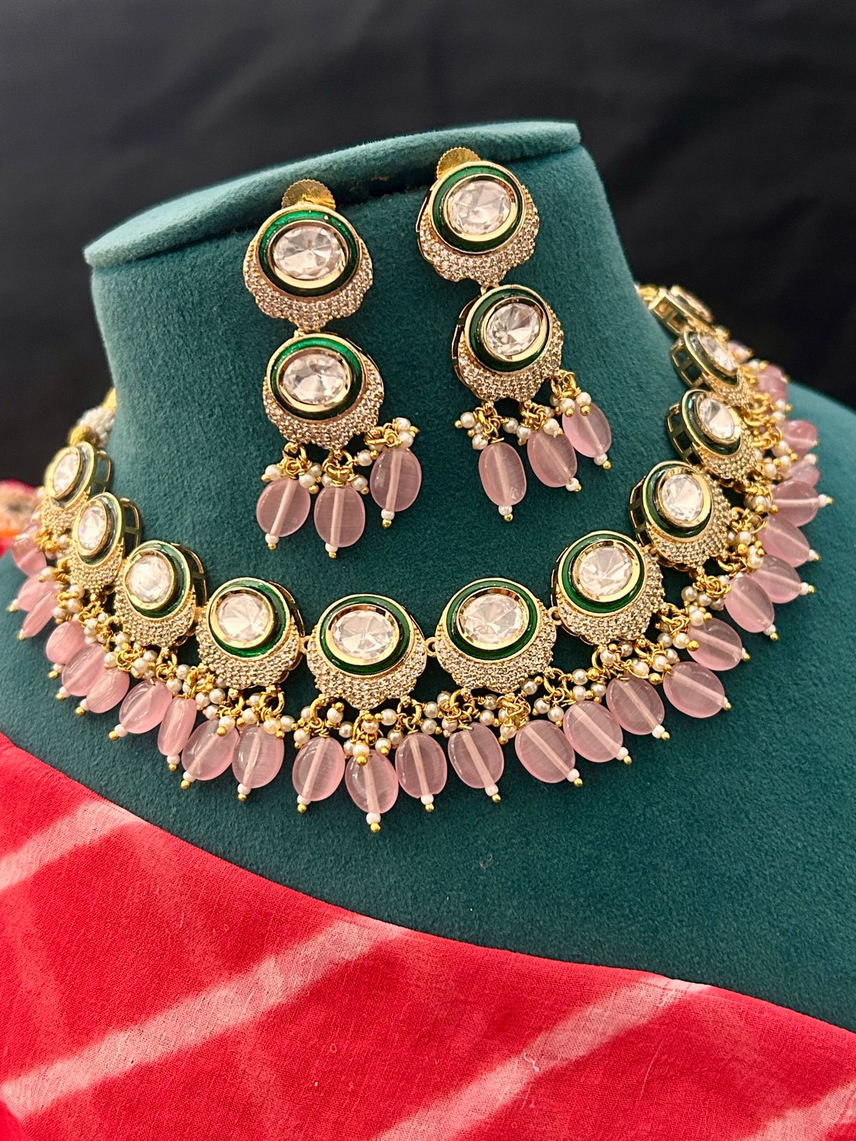 Elegant Kundan Necklace Set with Pink Beads & Earrings